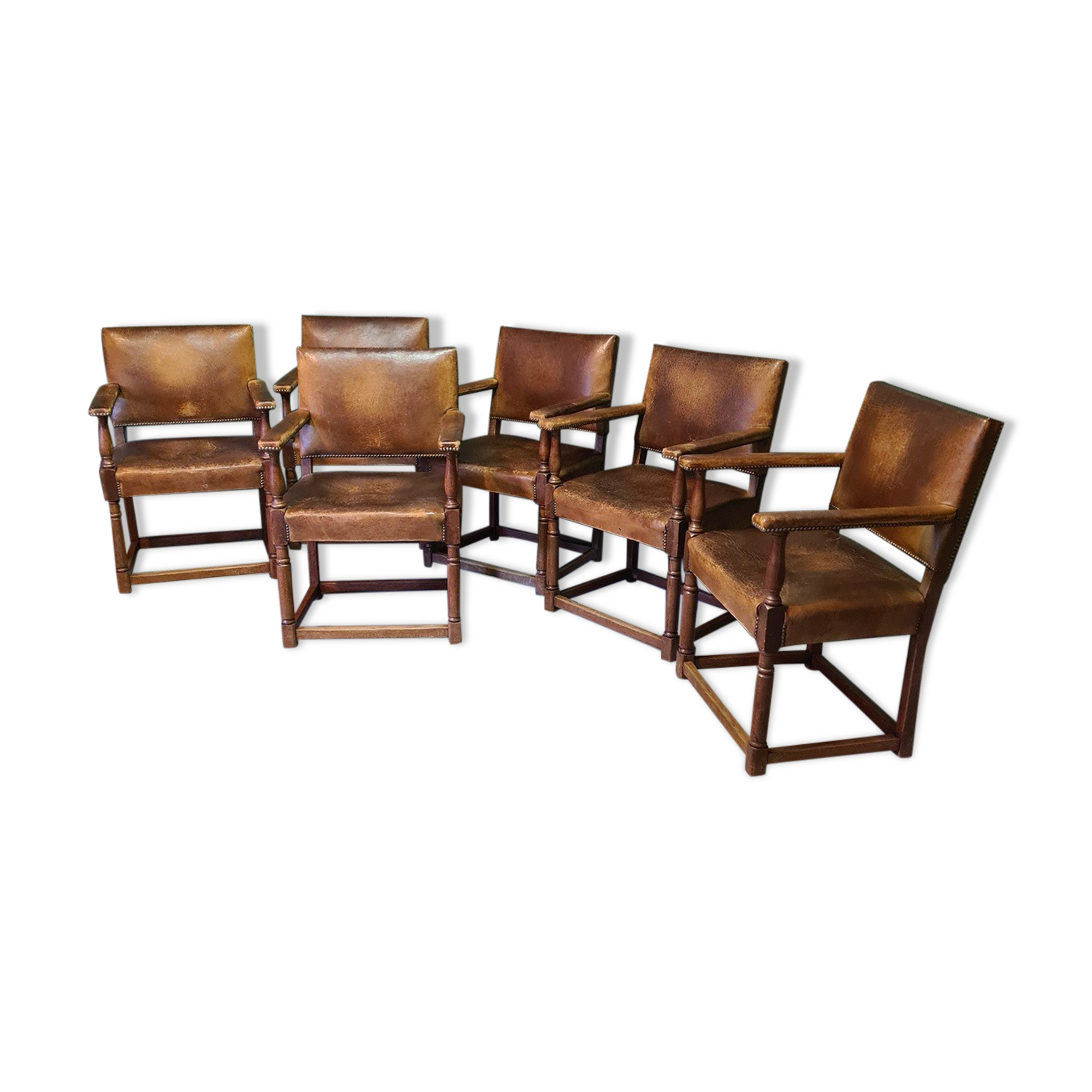 6 Oak Armchairs With Leather, Mid 20th Century