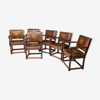 6 Oak Armchairs With Leather, Mid 20th Century