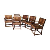 6 Oak Armchairs With Leather, Mid 20th Century