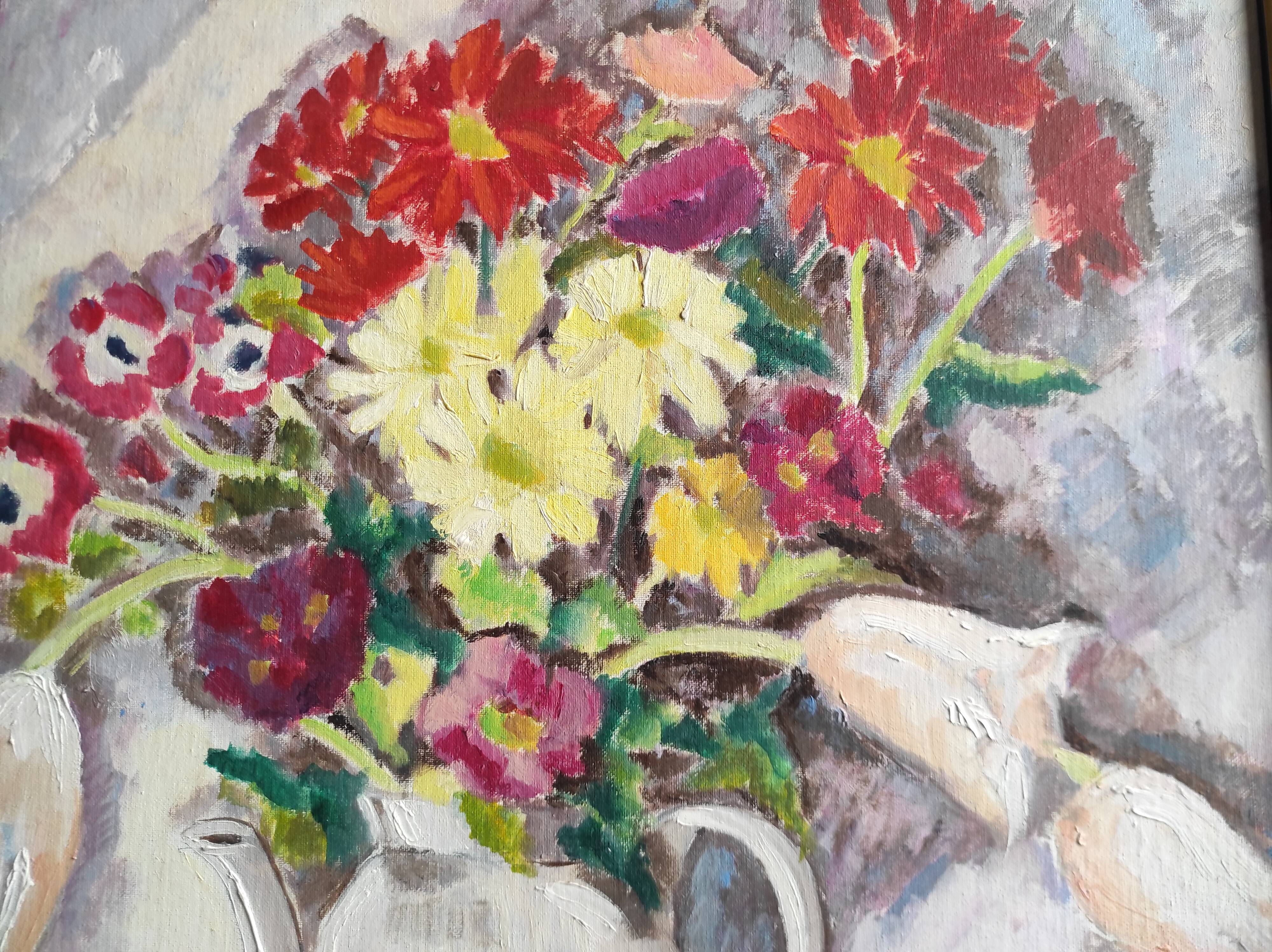 Vintage French oil painting of flowers, signed Renée