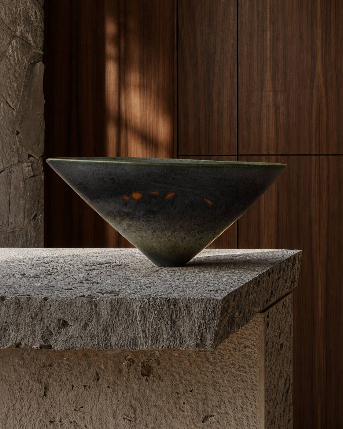 Antonio Lampecco shuttle vase, glazed grey-green ceramic, signed.