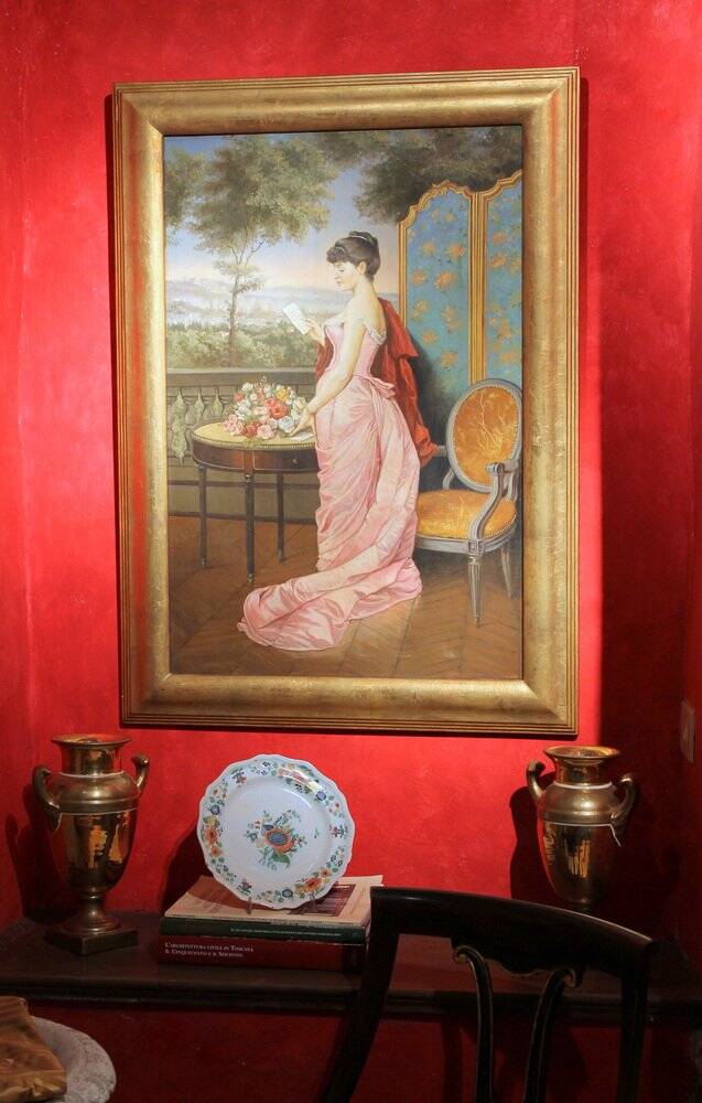 Portrait d'une dame italienne avec paysage florentin, 1890, huile sur toile, encadré.