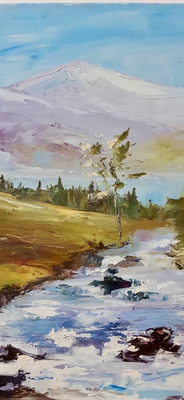 Painting oil on canvas landscape river mountains vintage