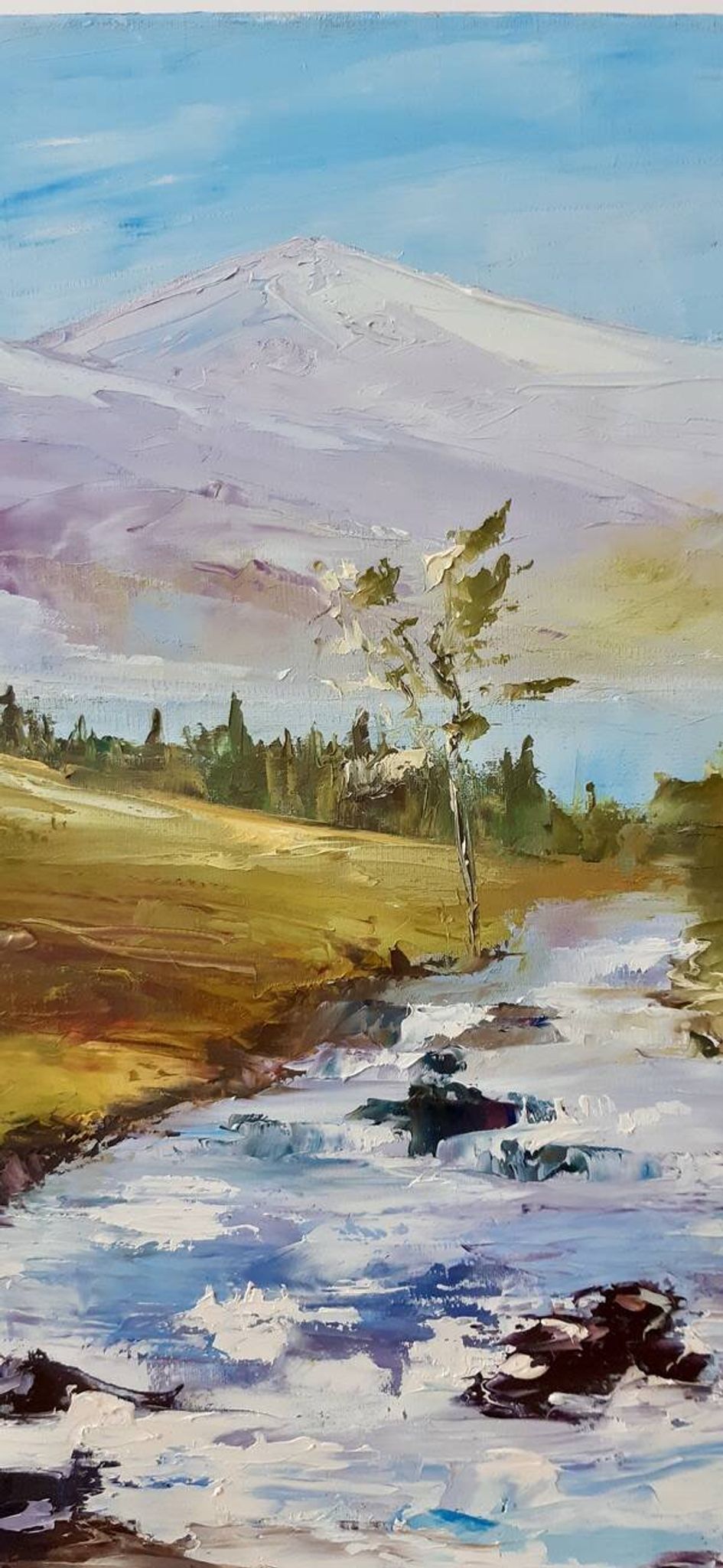 Painting oil on canvas landscape river mountains vintage