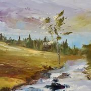 Painting oil on canvas landscape river mountains vintage