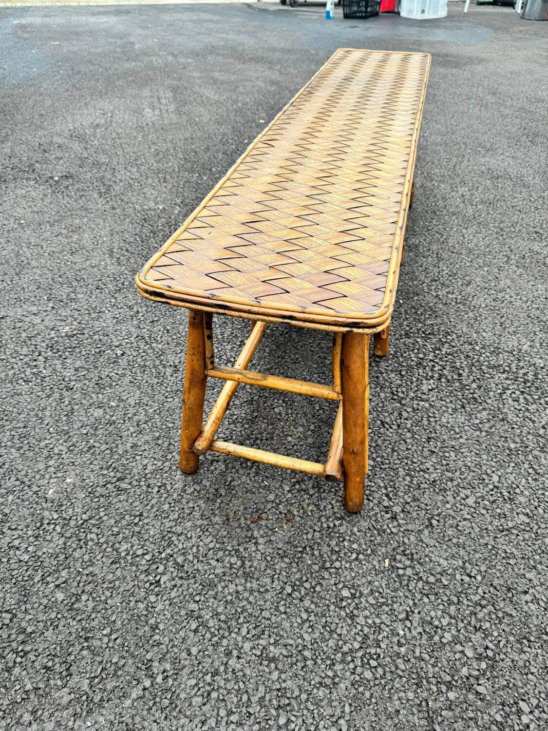 Vintage 1950s set: large table with tripod base and benches in woven chestnut