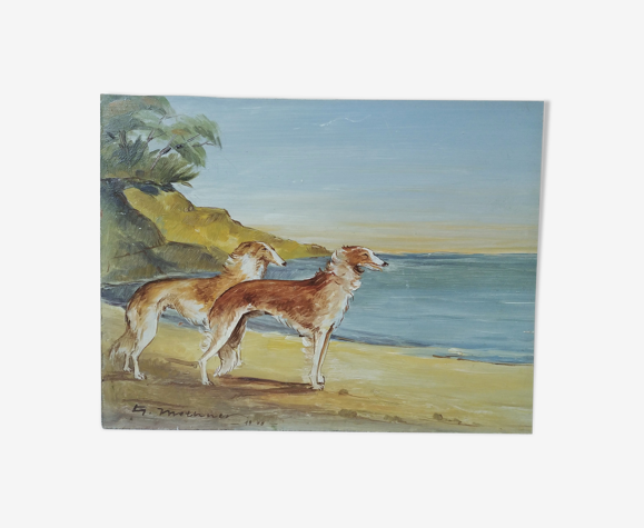 Peinture ancienne chiens et paysage