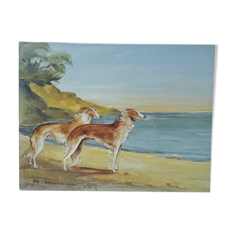 Peinture ancienne chiens et paysage