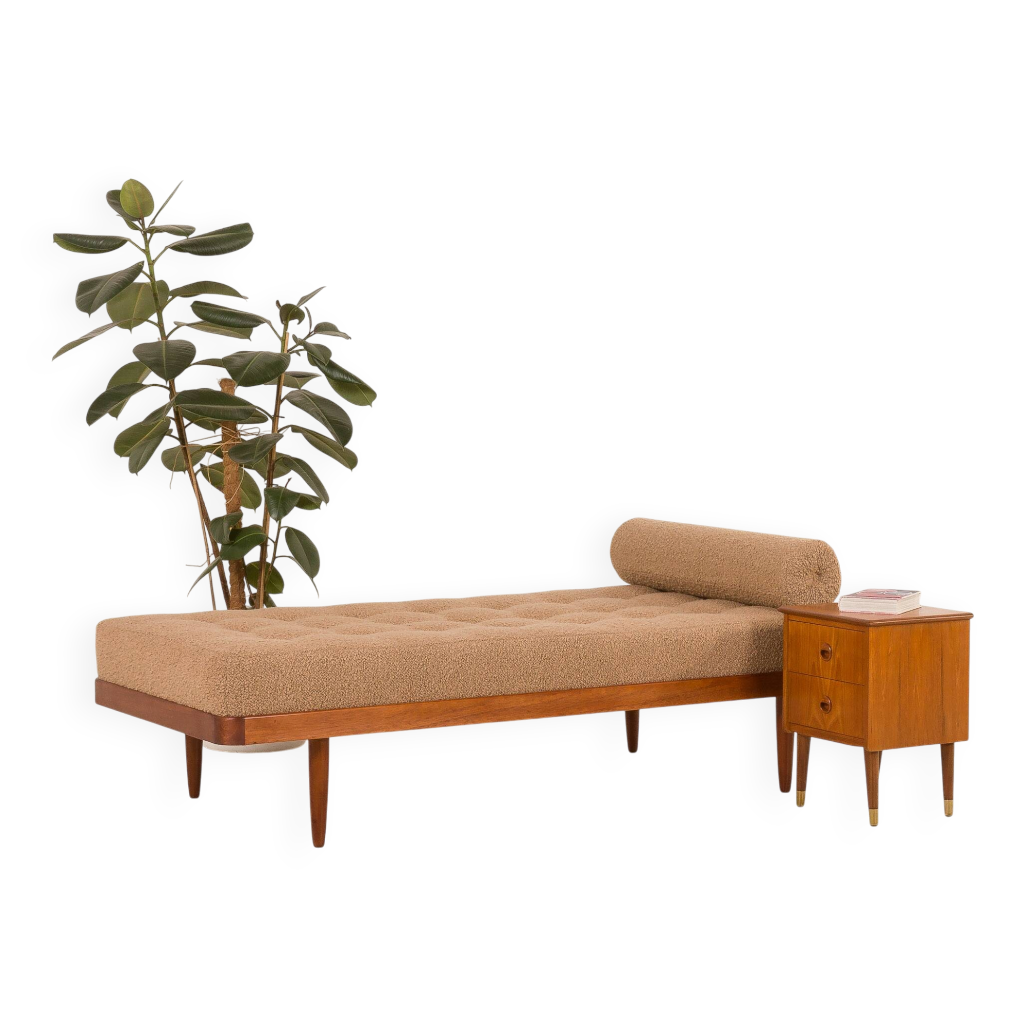 Scandinavian mid century daybed in natural boucle fabric, Denmark 1960s