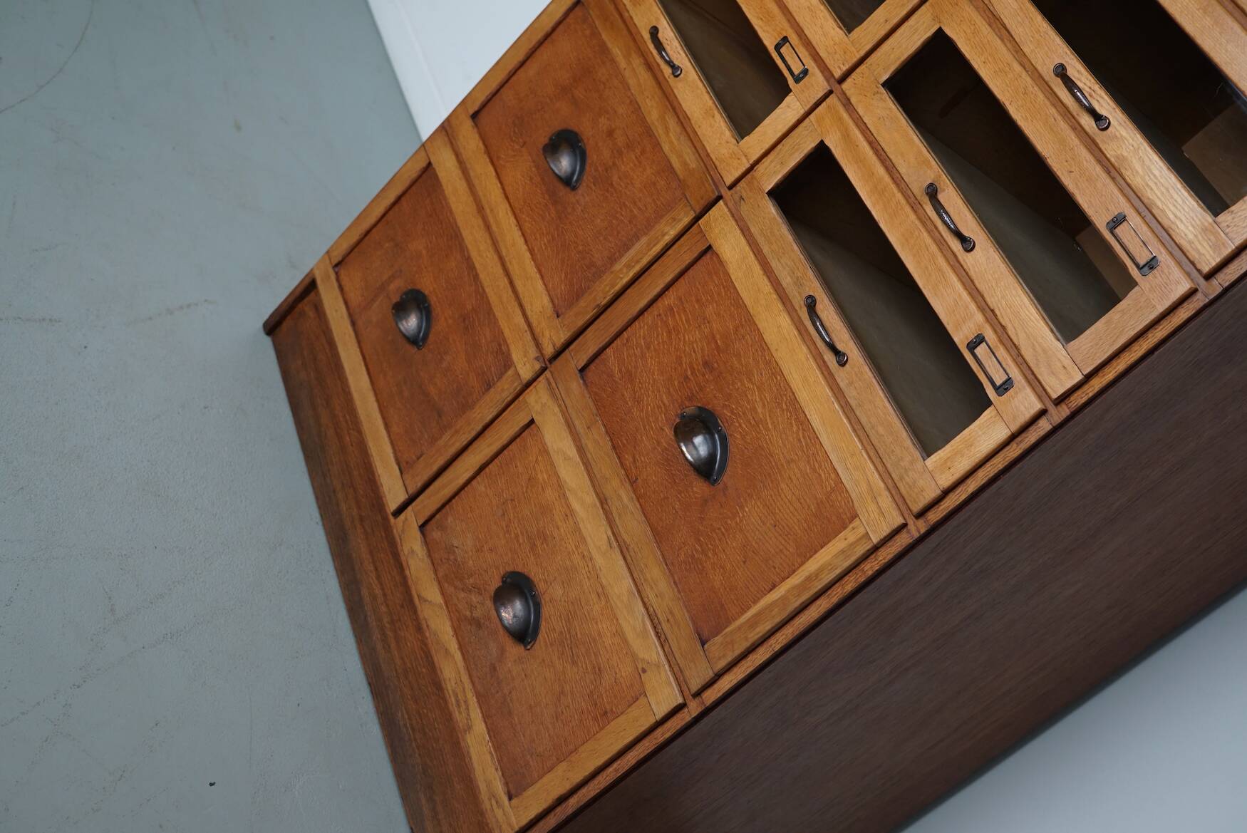 English Haberdashery Shop Cabinet with Glass Fronted Drawers, Circa 1930s