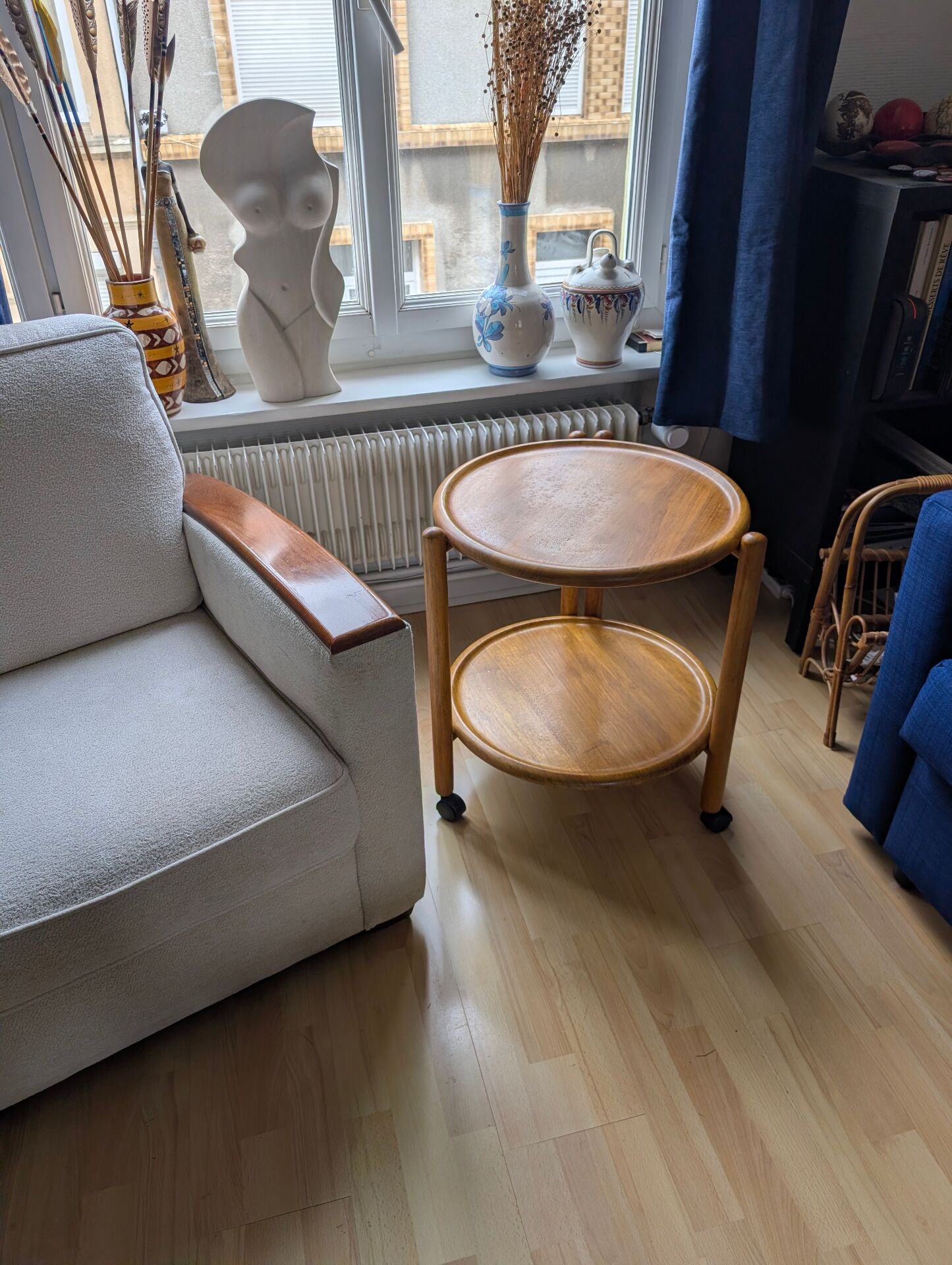 Side table with 2 trays on wheels, foldable, light wood (beech)