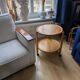 Side table with 2 trays on wheels, foldable, light wood (beech)
