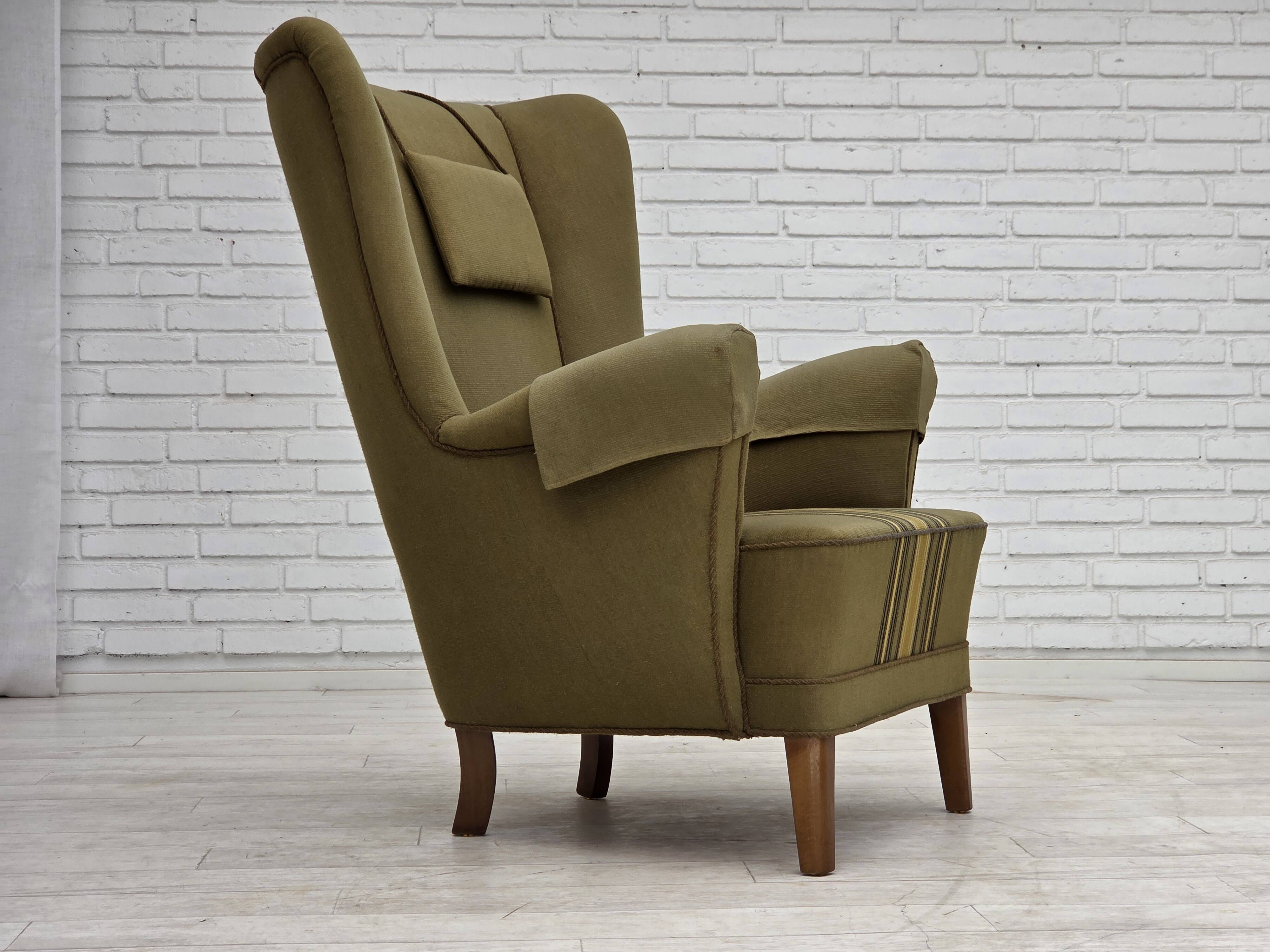 1960s, Danish highback armchair, original green furniture wool.