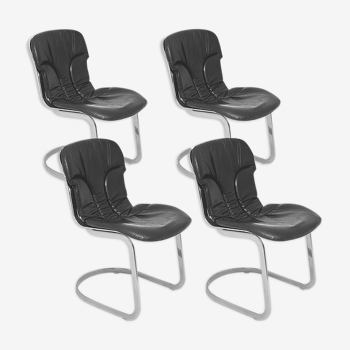 Set of 4 chrome metal and leather chairs