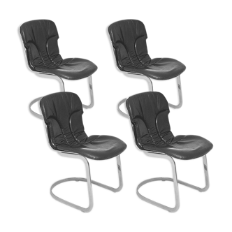 Set of 4 chrome metal and leather chairs