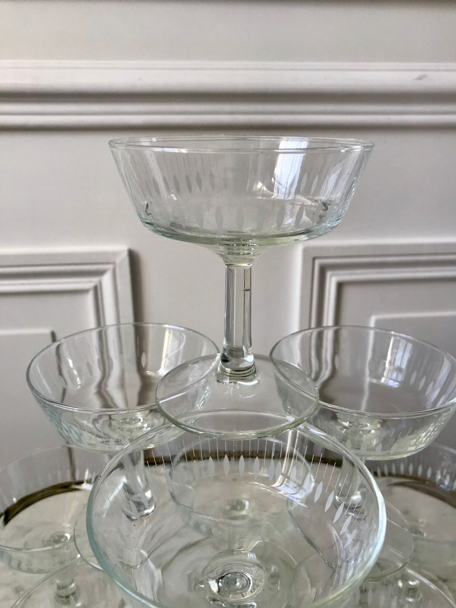 Lot de 10 coupes à champagne en verre cristallin années 50-60
