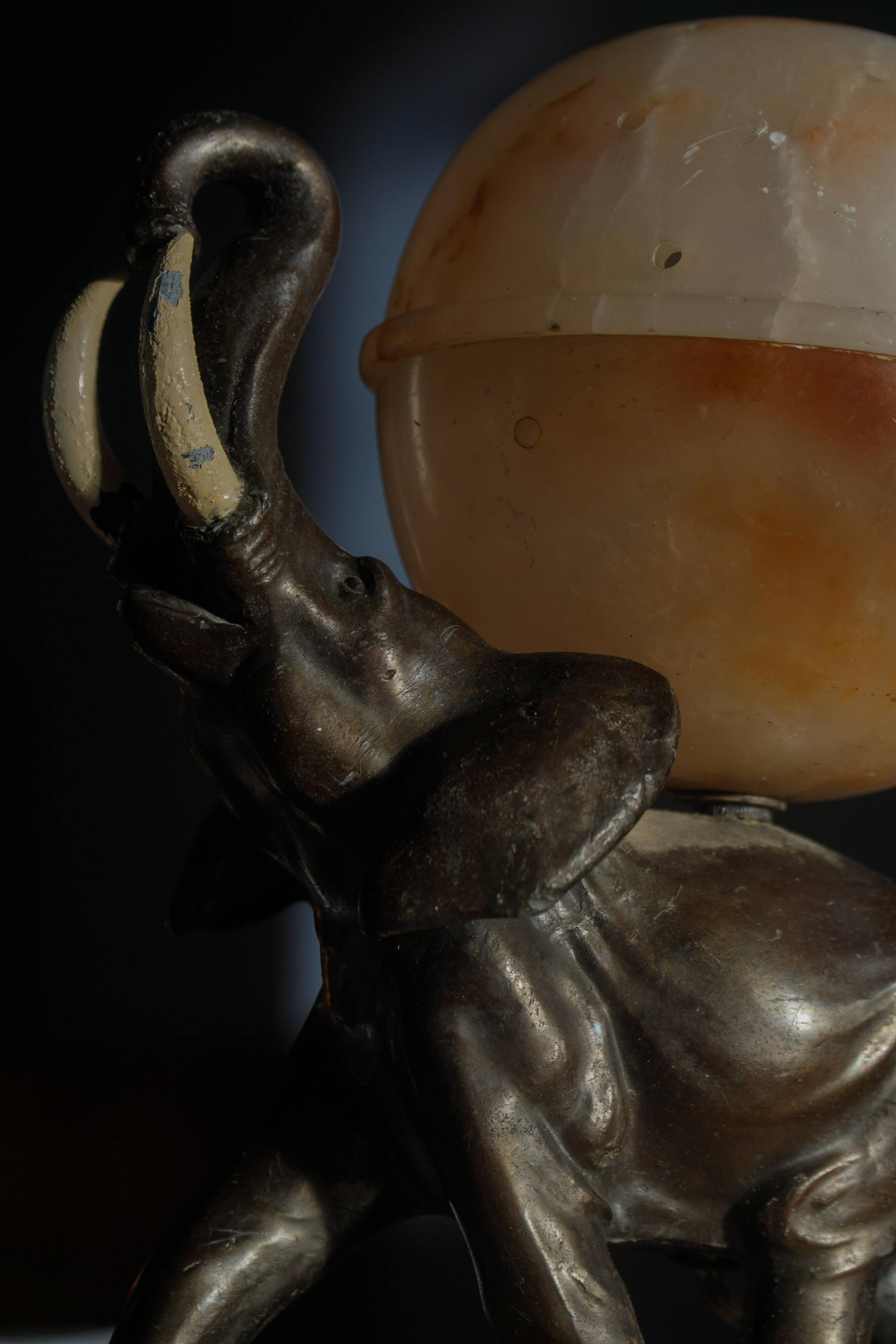 Art Deco Table Lamp, Elephant with Alabaster Globe, Early 20th Century, 1930s