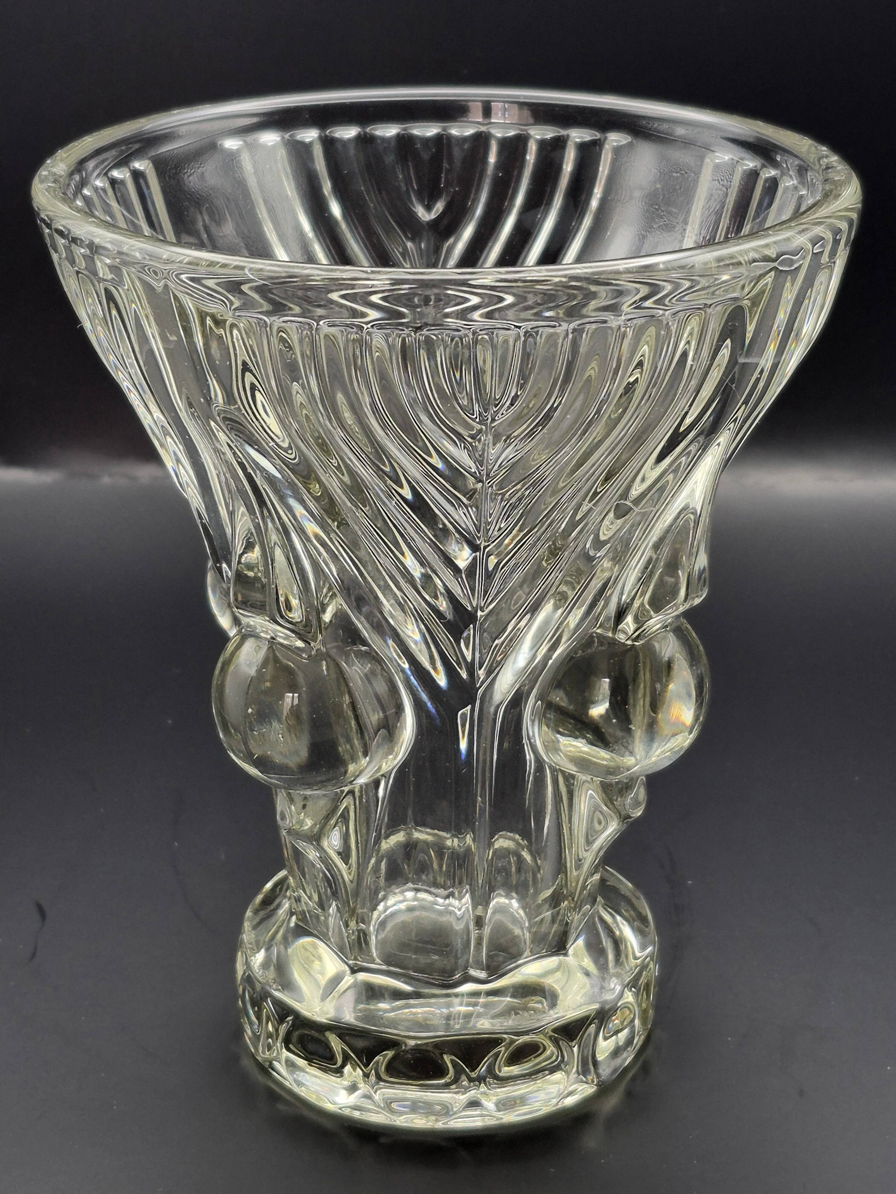 Vintage thick moulded glass/crystal vase Sculptural design Art Deco