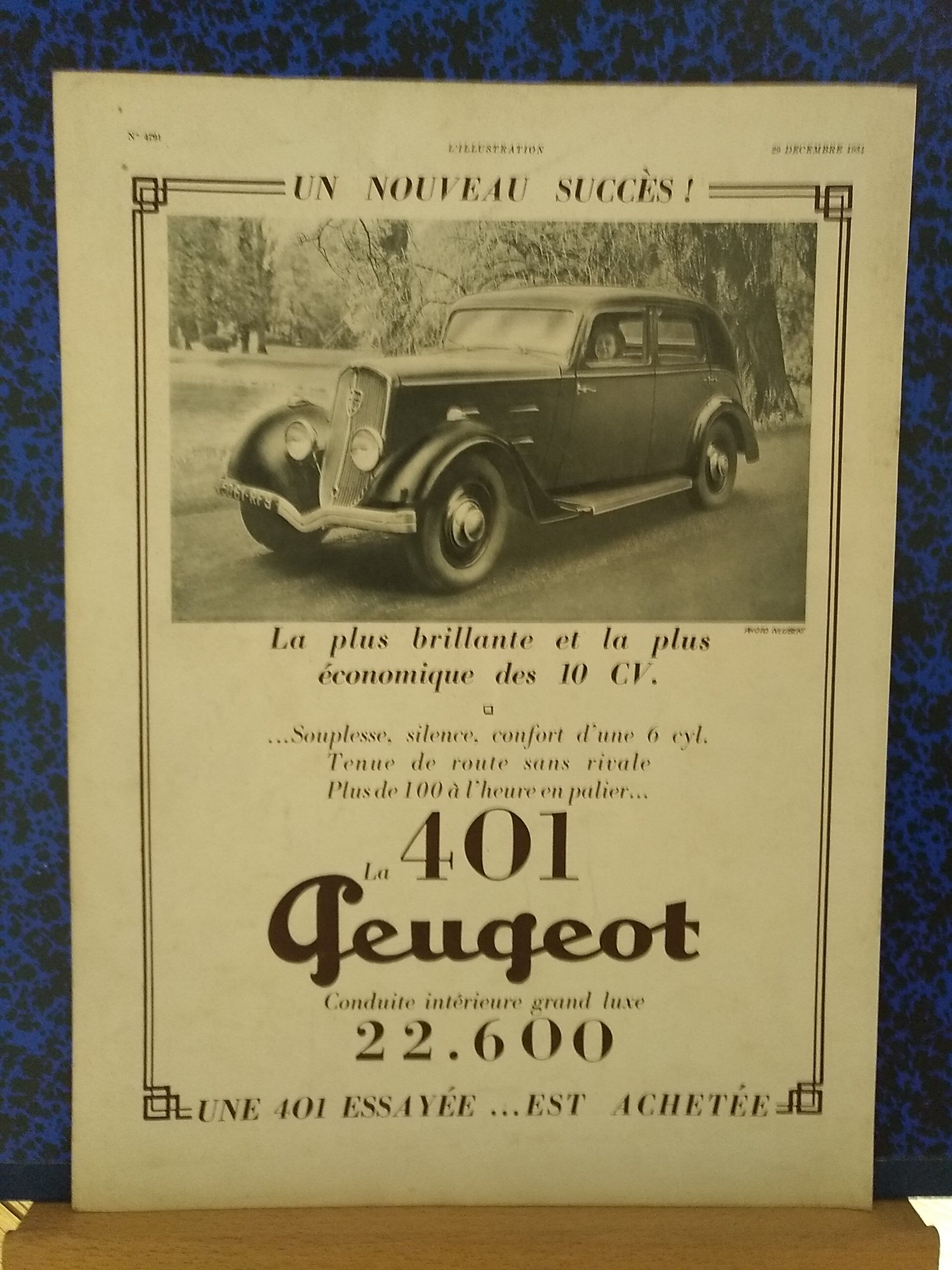 Car paper advertisement Peugeot the 401 issue revised 1934