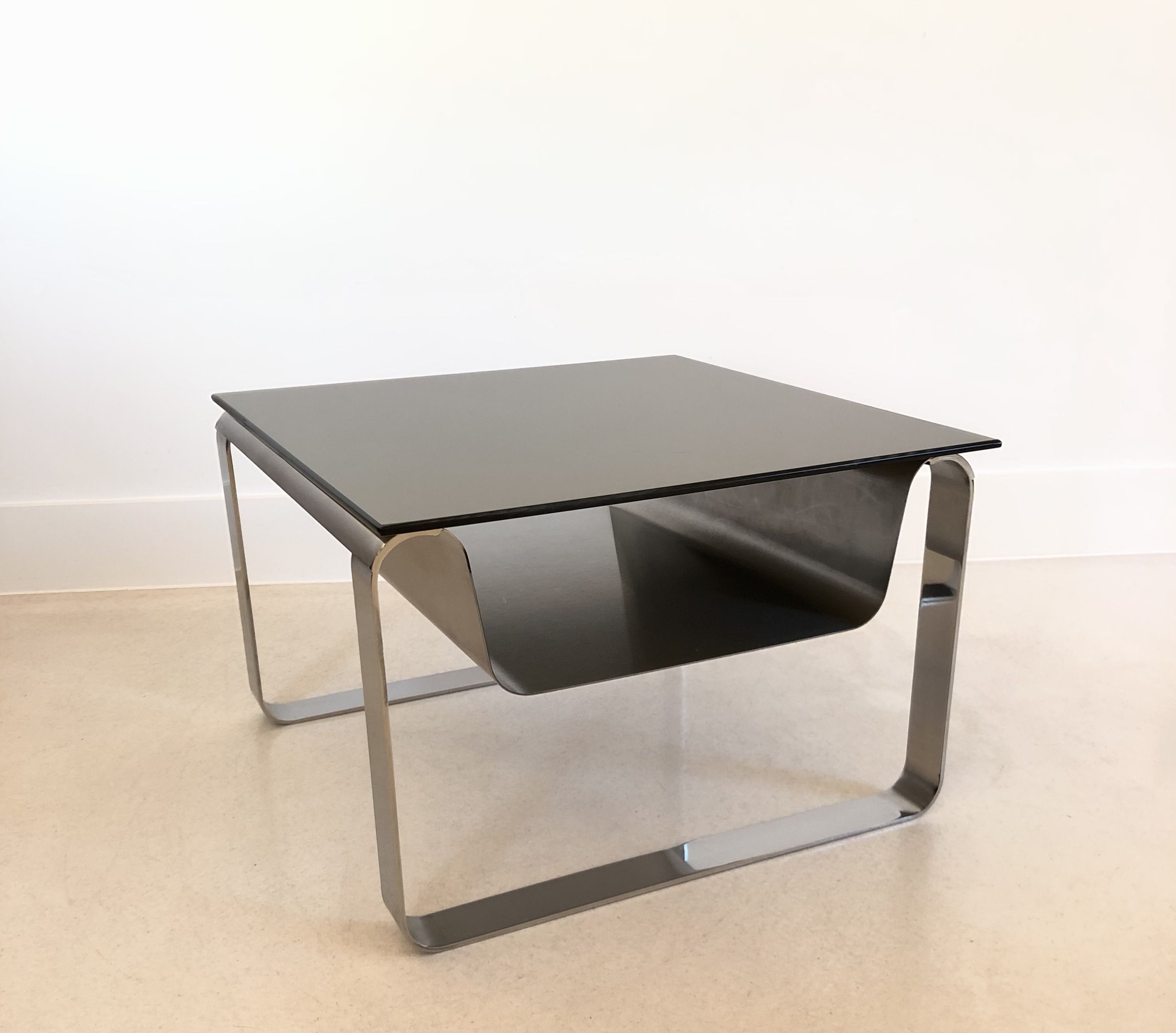 End of sofa, stainless steel magazine rack and mirror glass, France 70s