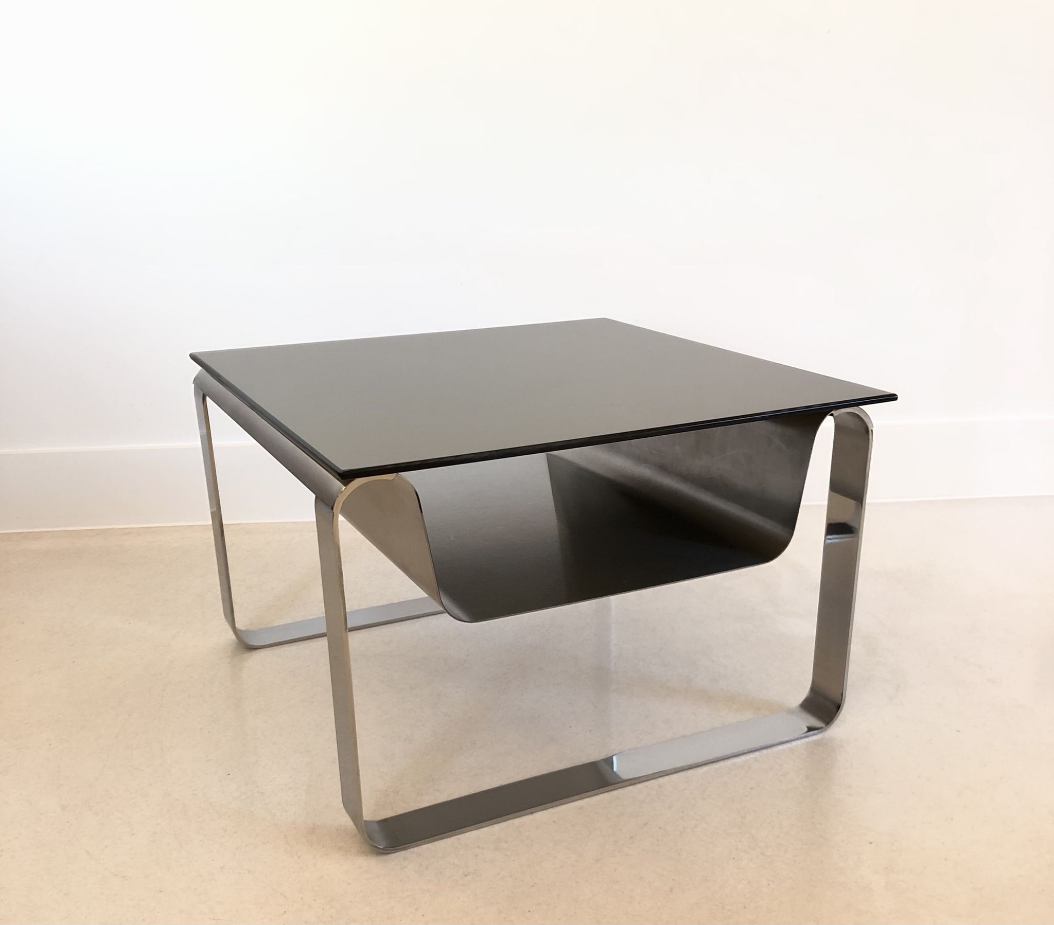 End of sofa, stainless steel magazine rack and mirror glass, France 70s