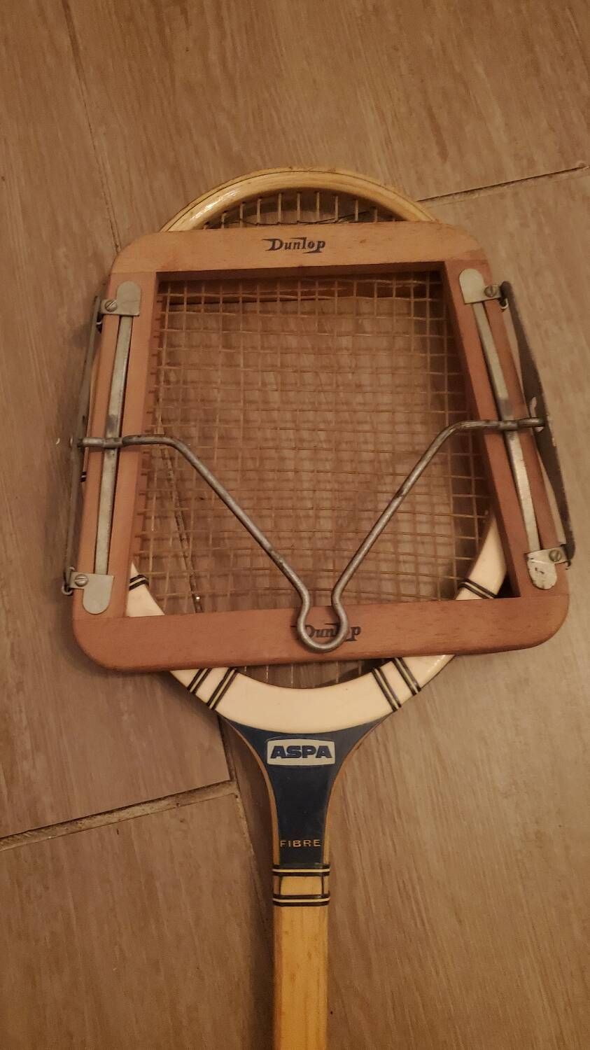 Rare vintage Babolat Aspa wooden tennis racket and vintage Dunlop frame