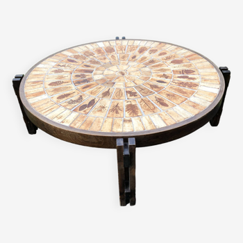 Vintage round coffee table Roger Capron (1925-2010) ceramic top, herbarium model.