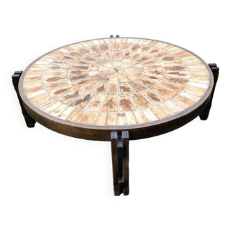 Vintage round coffee table Roger Capron (1925-2010) ceramic top, herbarium model.