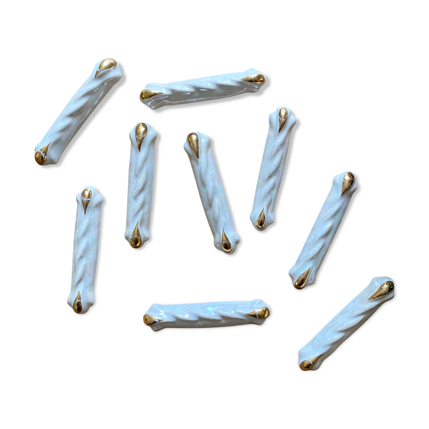 Set of 9 vintage art deco knife holders in pearly and gold ceramic
