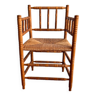 Chaise hollandaise antique à bobines avec assise en paille