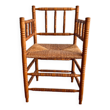 Chaise hollandaise antique à bobines avec assise en paille