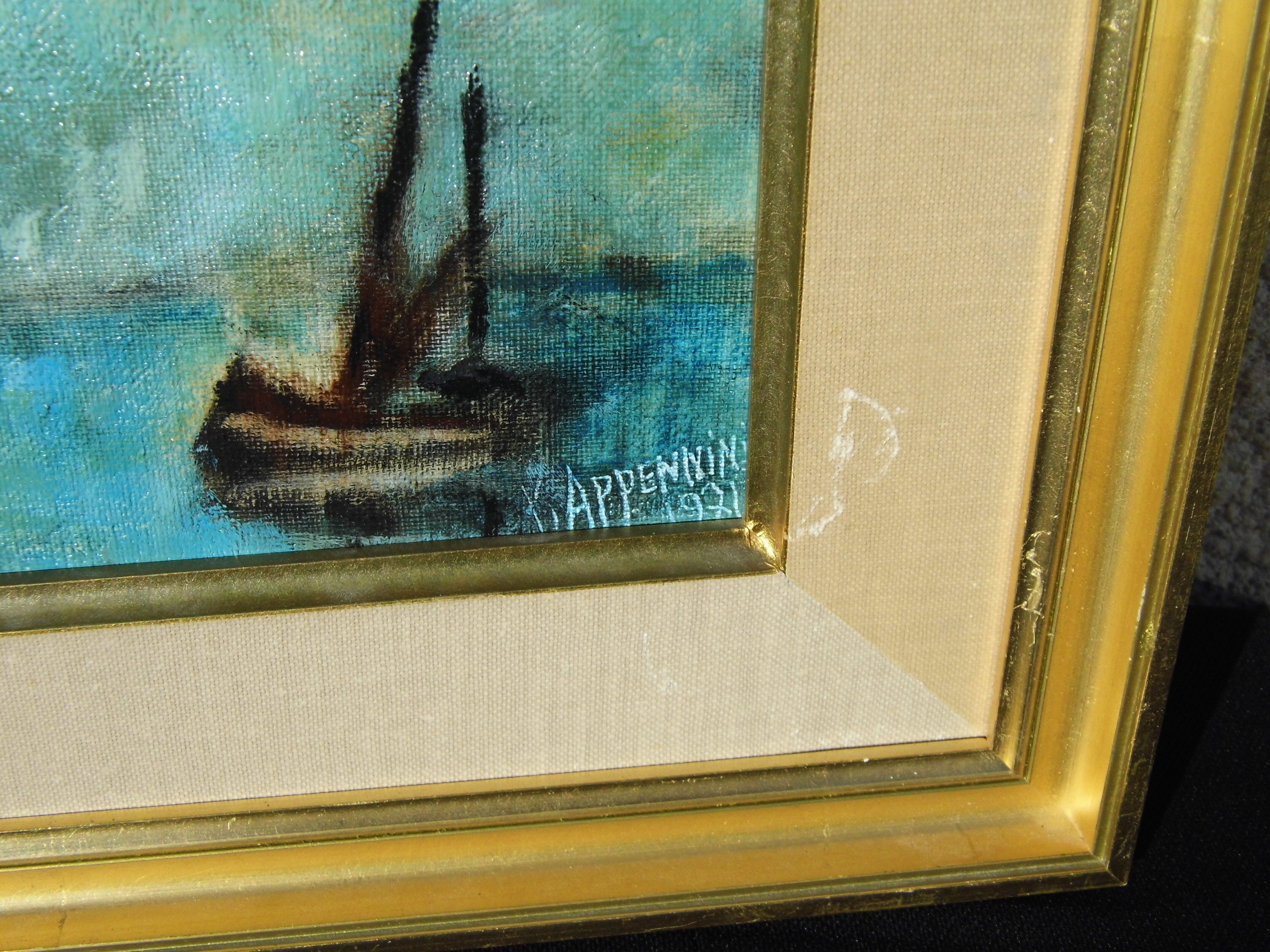 Marine painting oil on canvas old sign yvonne appennini 1971 voiliers tbe