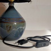 Vintage potter's ceramic table lamp, raffia lampshade
