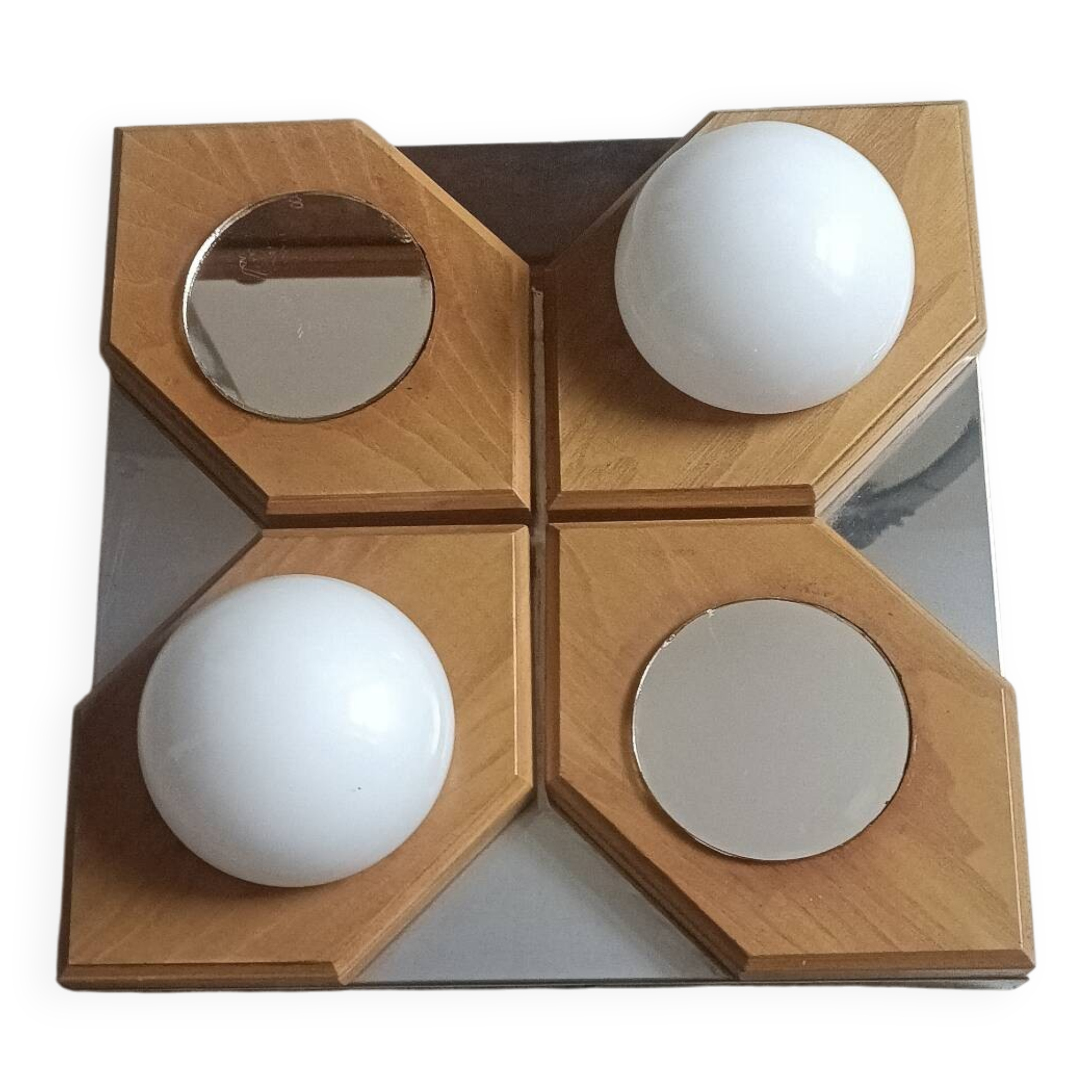 Geometric chrome and wood wall light