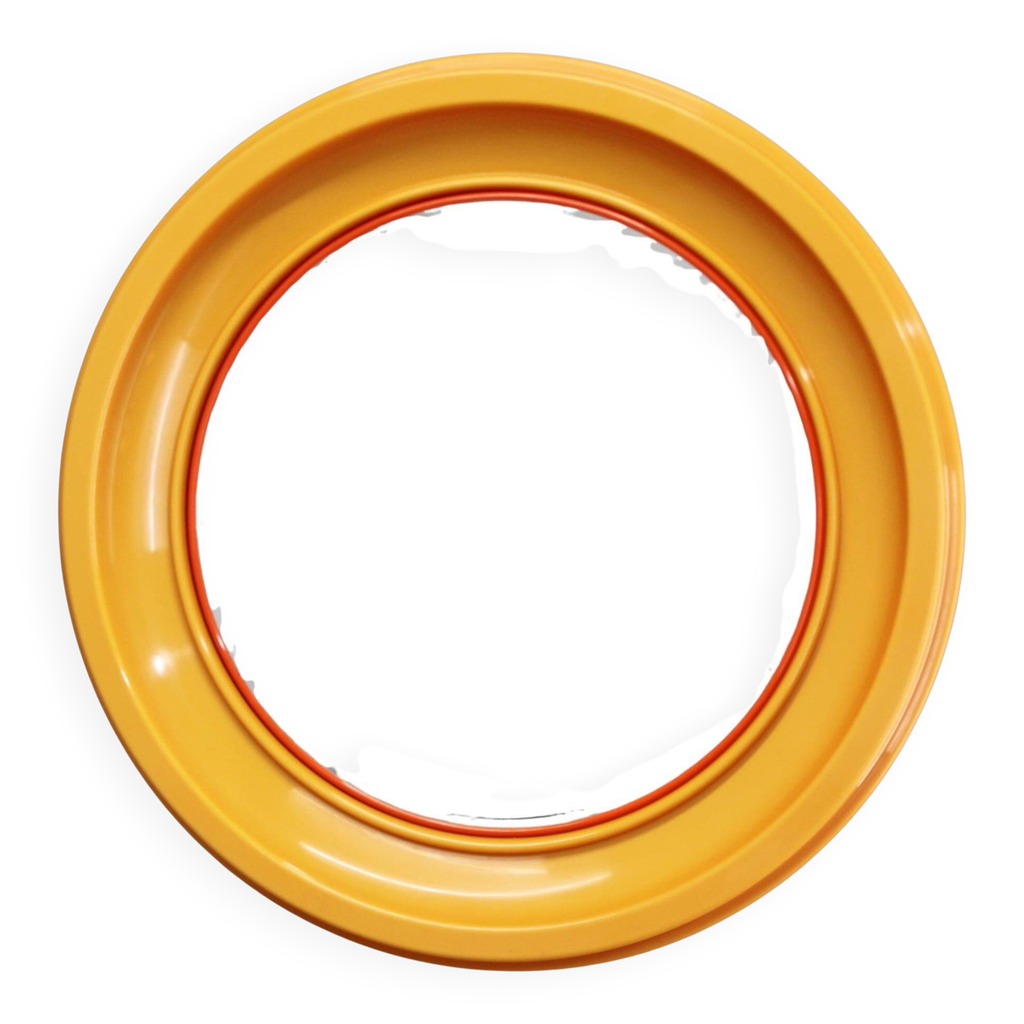Miroir rond italien des années 1970 de la marque Salc, avec cadre en plastique jaune orangé.