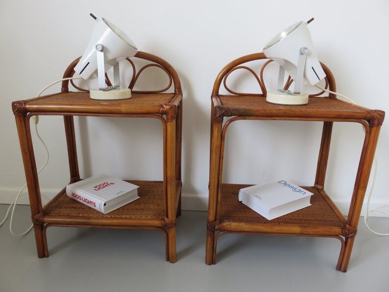 Pair of rattan and bamboo bedside tables 1970s