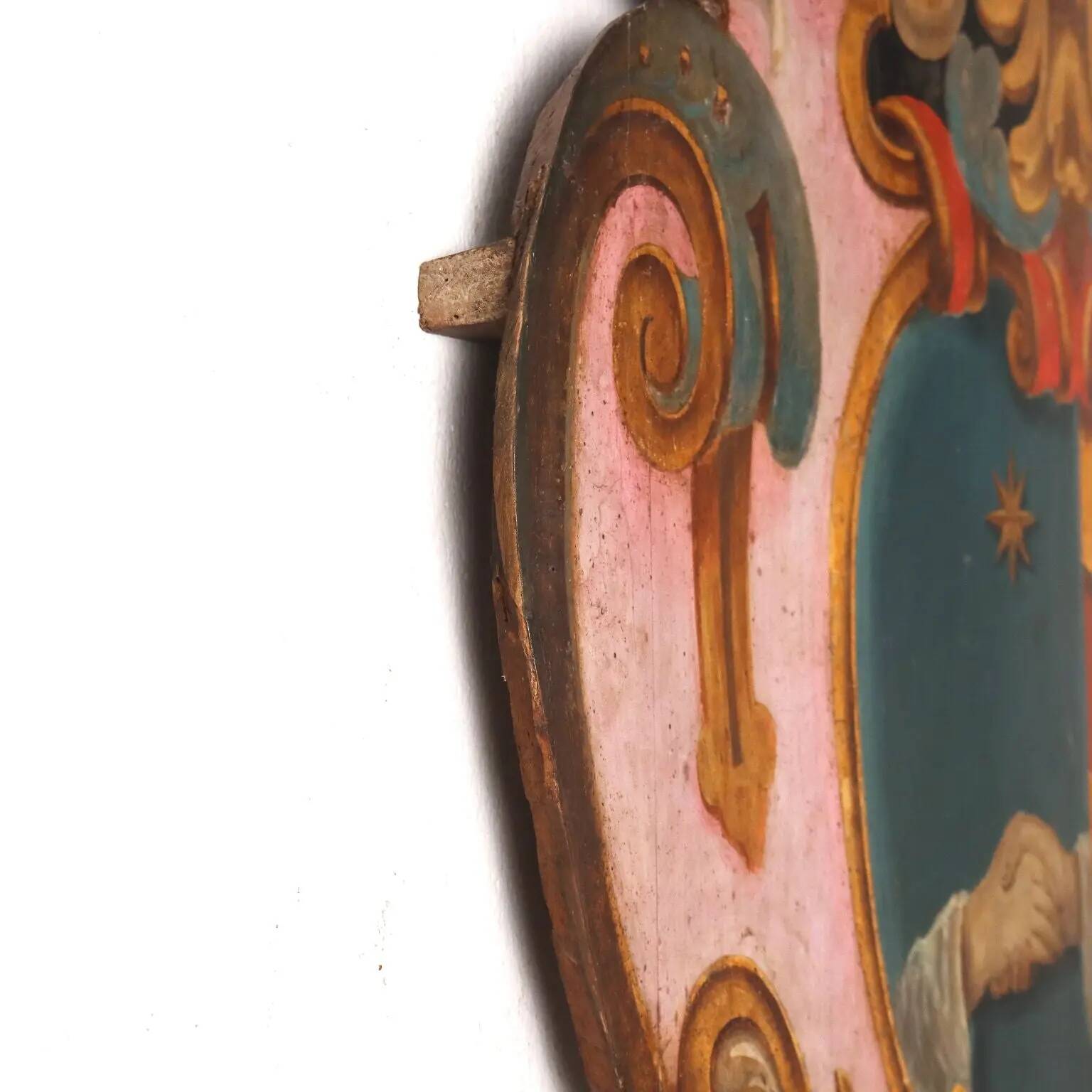 Ancient baroque coat of arms Pasqui in poplar, Florence, 18th century