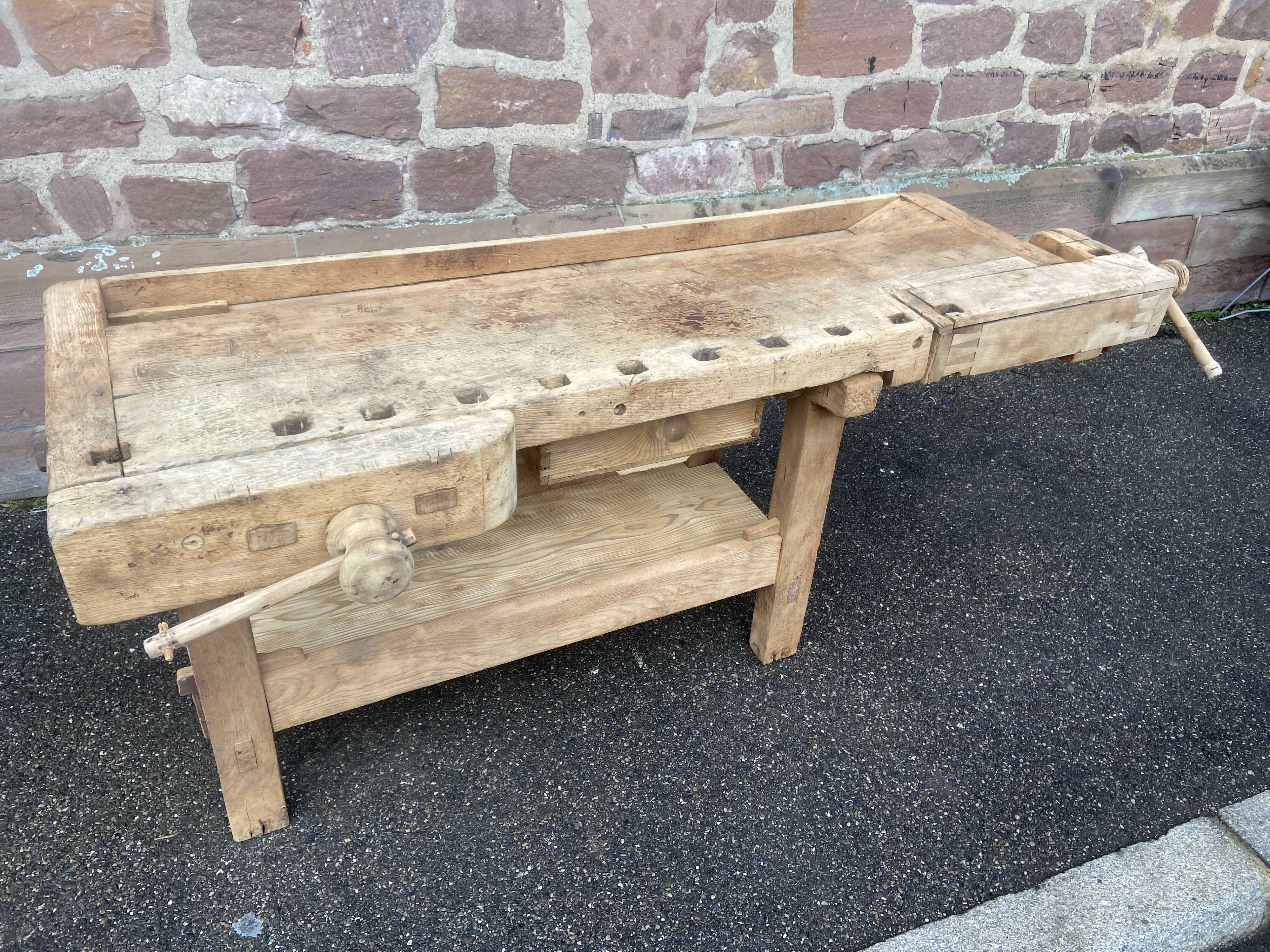 Industrial table carpenter's workbench in raw natural wood vintage bohemian