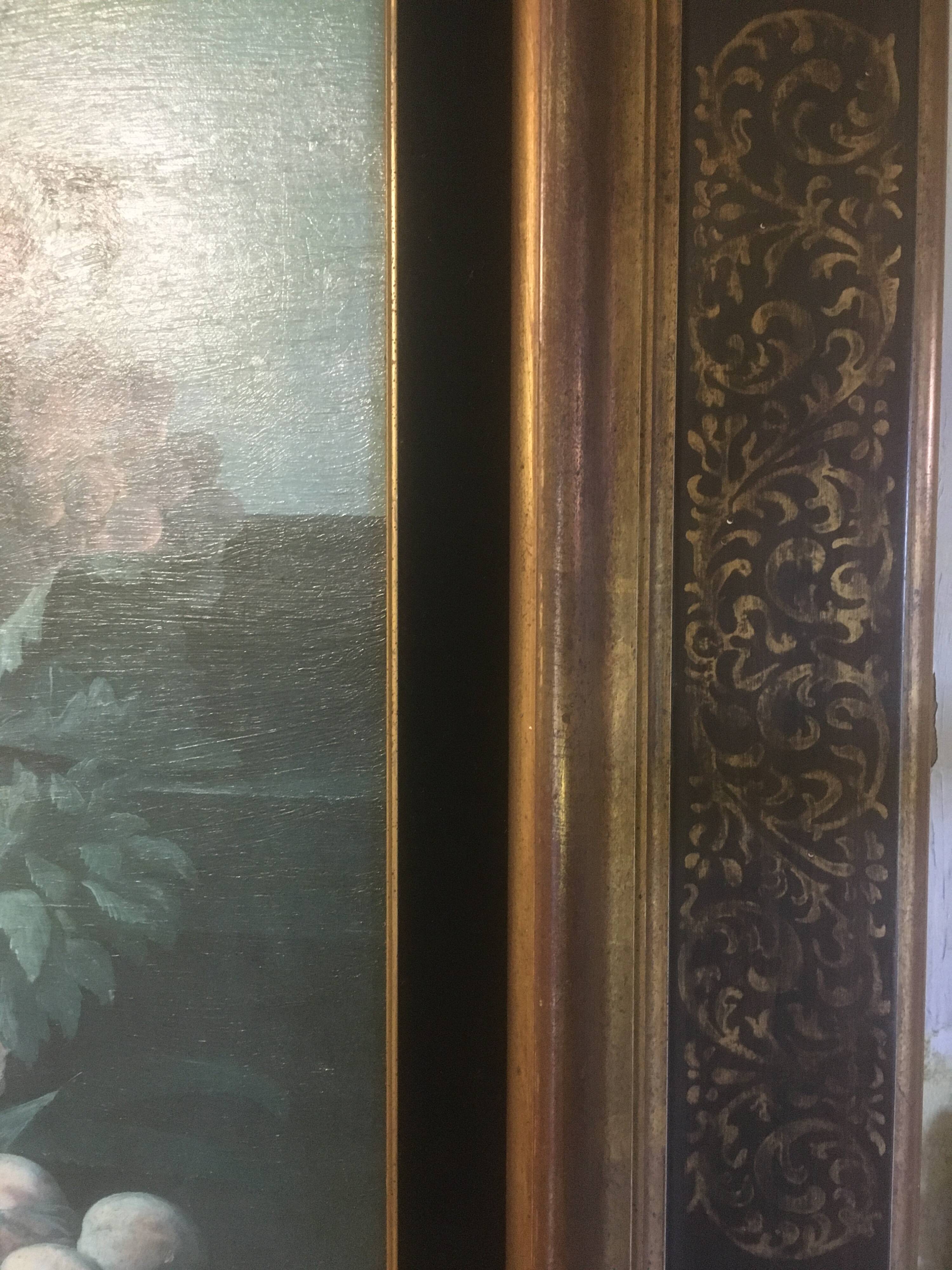 Bouquet of flowers and fruits on table, composition on canvas 100x120