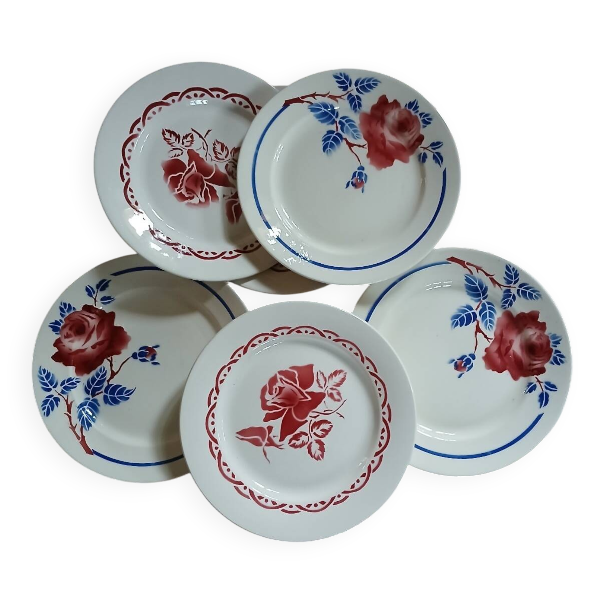 6 mismatched antique flat plates