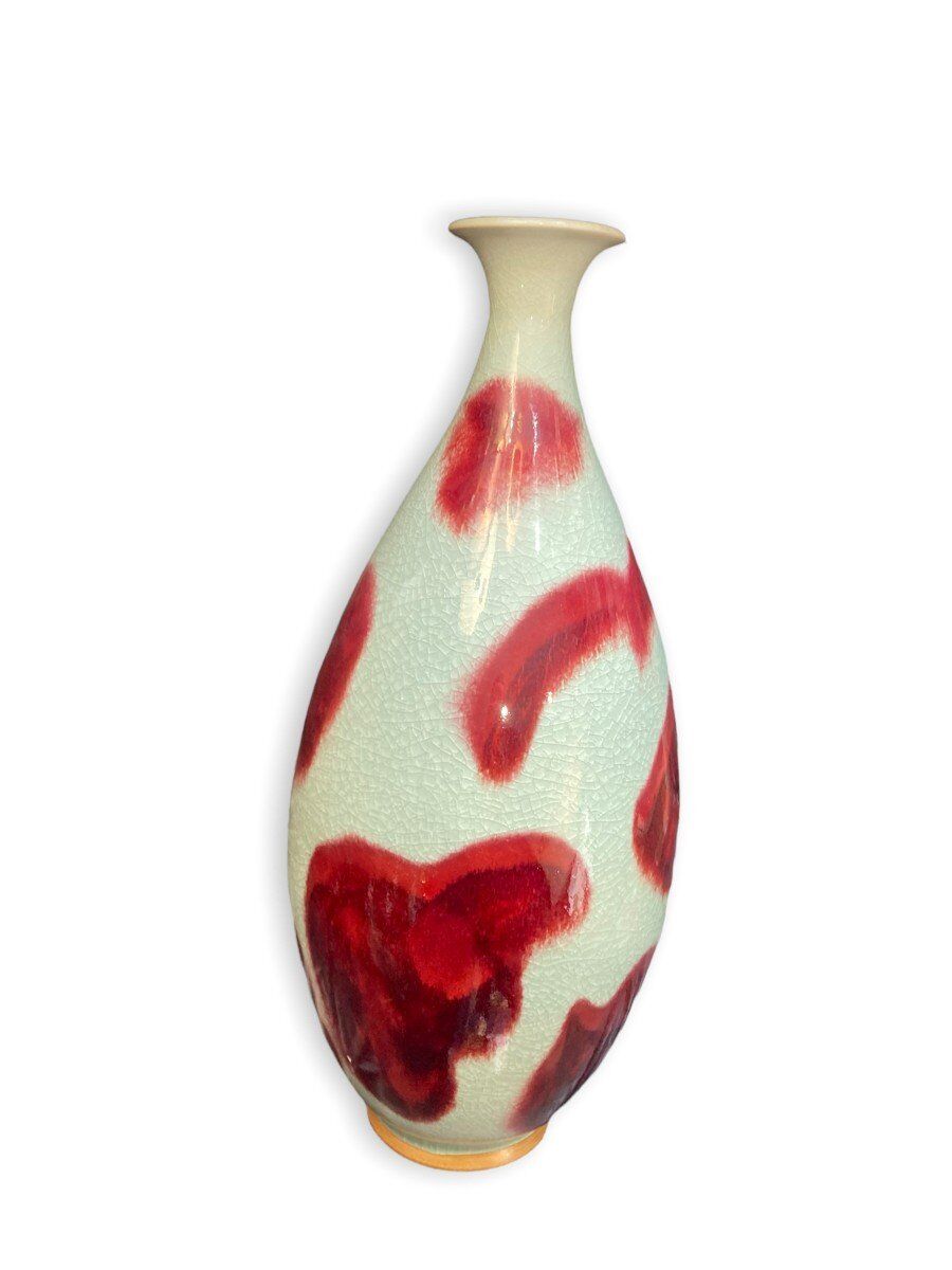 Large baluster vase in Chinese cracked ceramic Pigeon blood and celadon