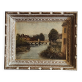 Landscape painting, old oil on cardboard framed signed GILLET.
