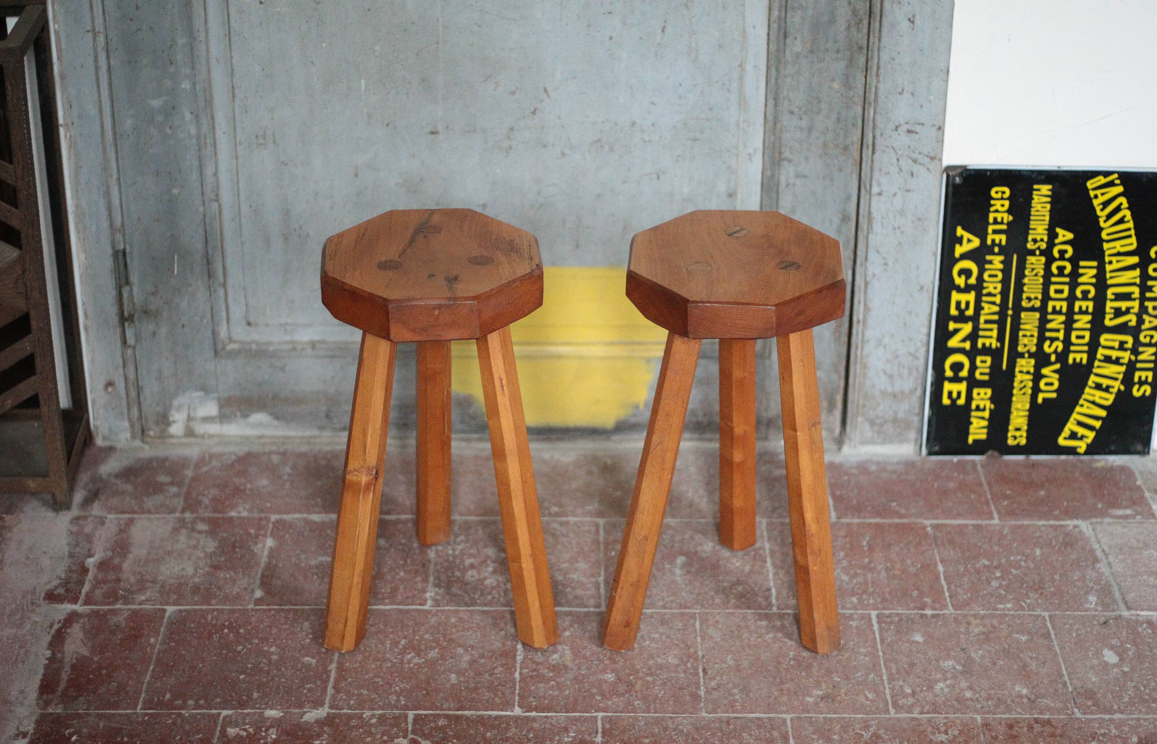 Paire de Tabouret vintage , tabouret bois octogonal , tabouret tripode