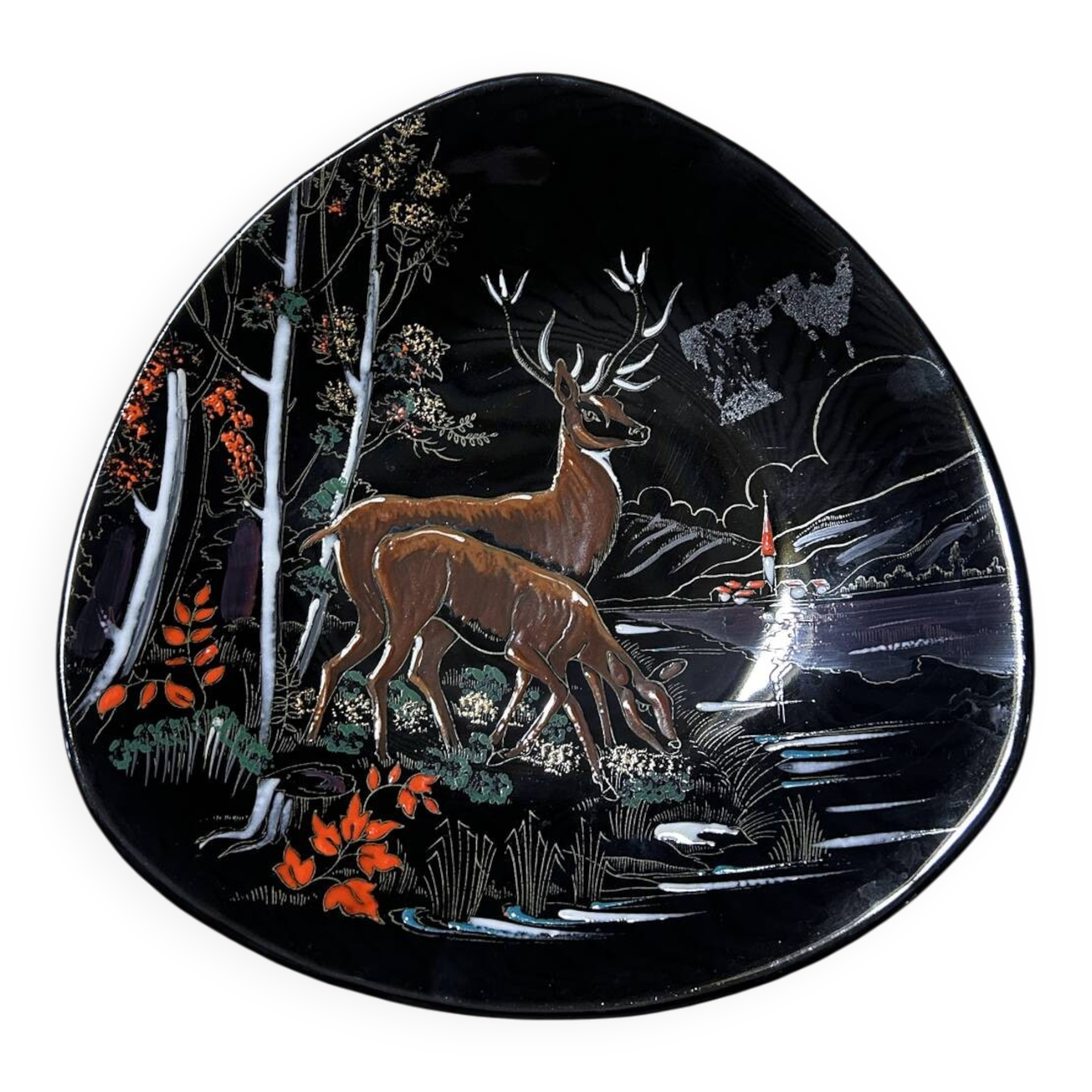 Assiette décorative Longwy 3521 – décor aux cerfs peint main