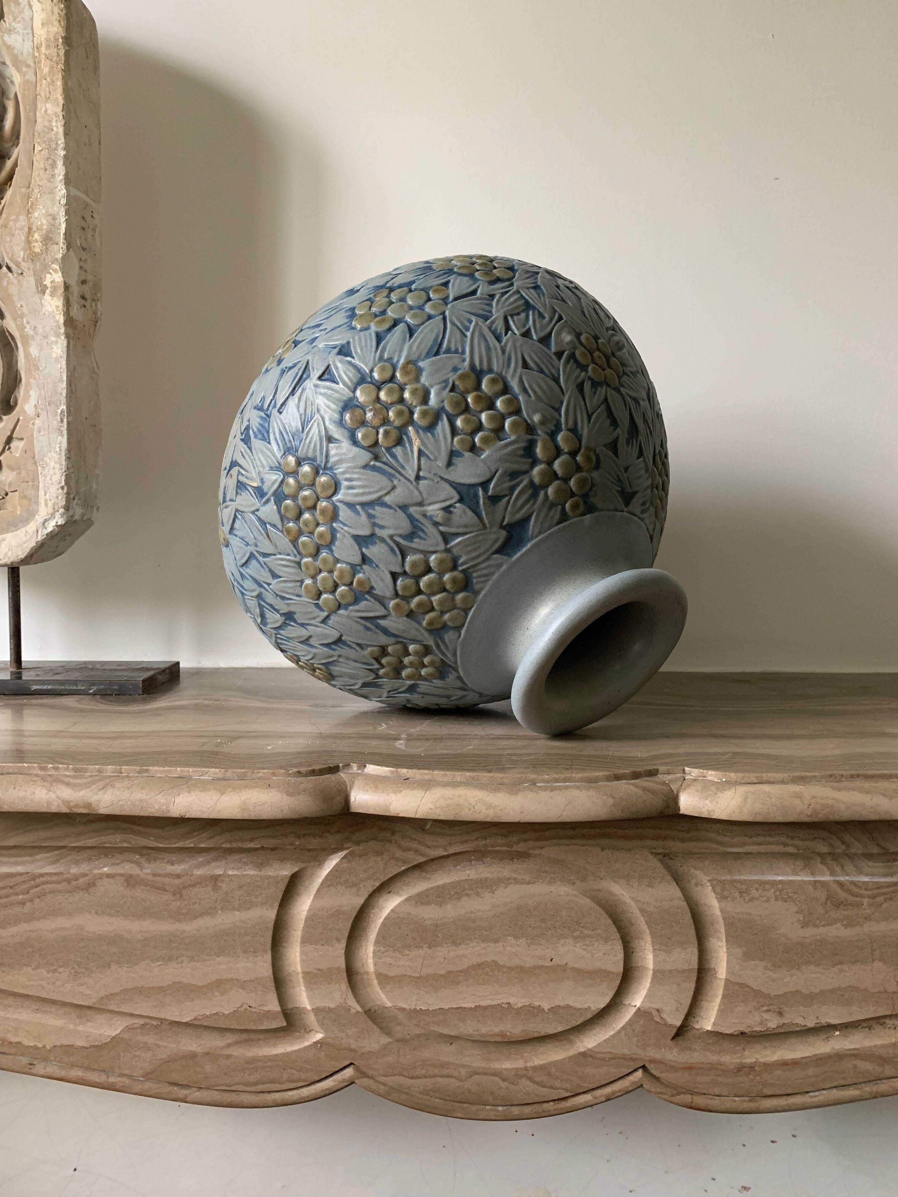 Vase Mougin blue flower and vegetal motif