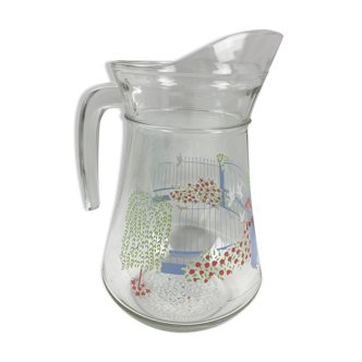 Glass carafe decorated woman with birds France