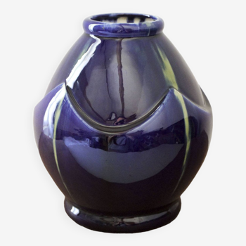 Vase art déco en céramique vernissé bleu nuit