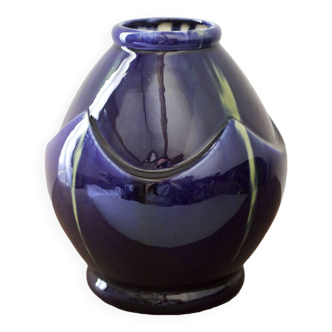 Vase art déco en céramique vernissé bleu nuit