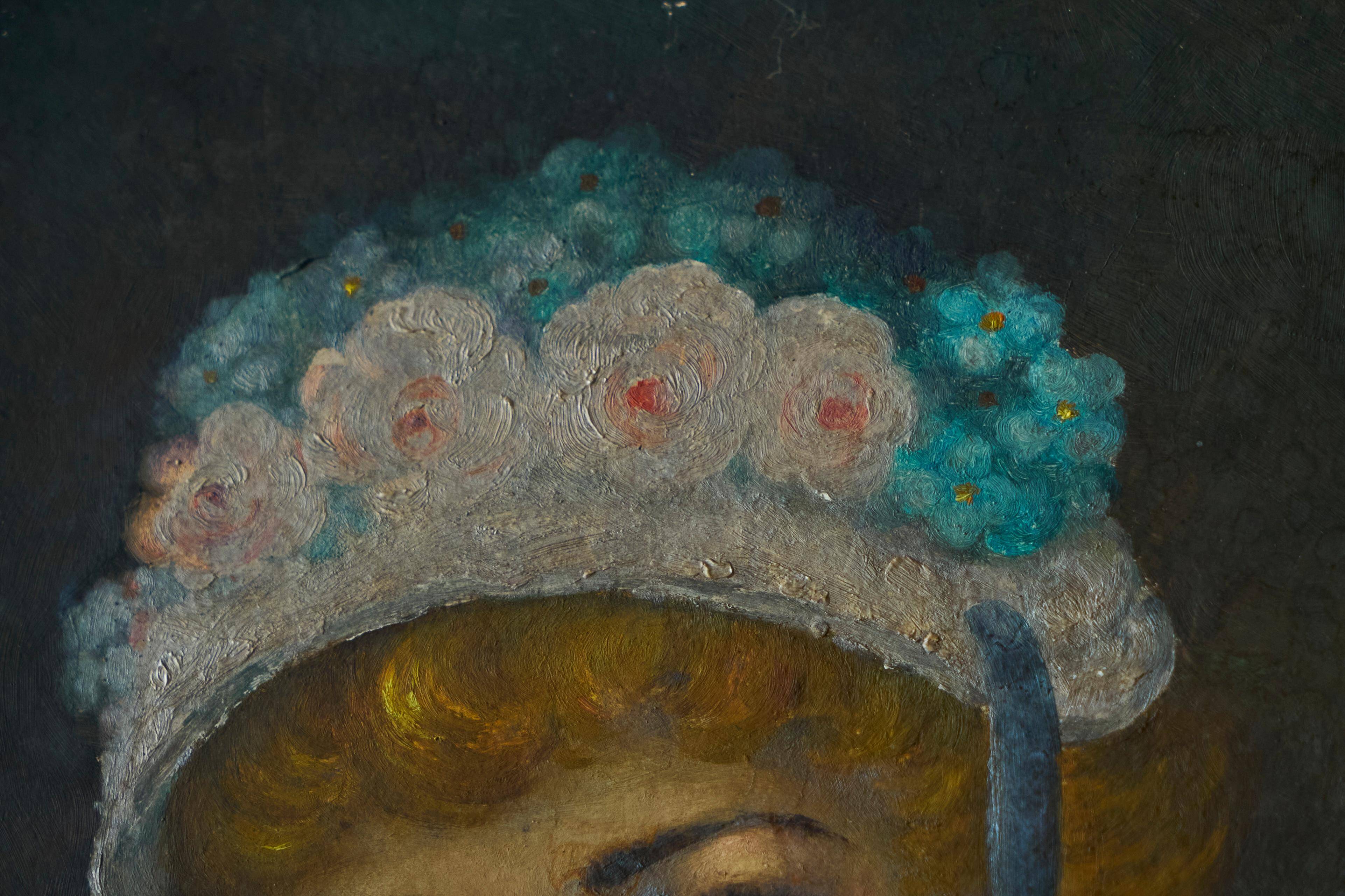 Oil portrait of a woman with a floral bonnet, Belgium, 1920s.