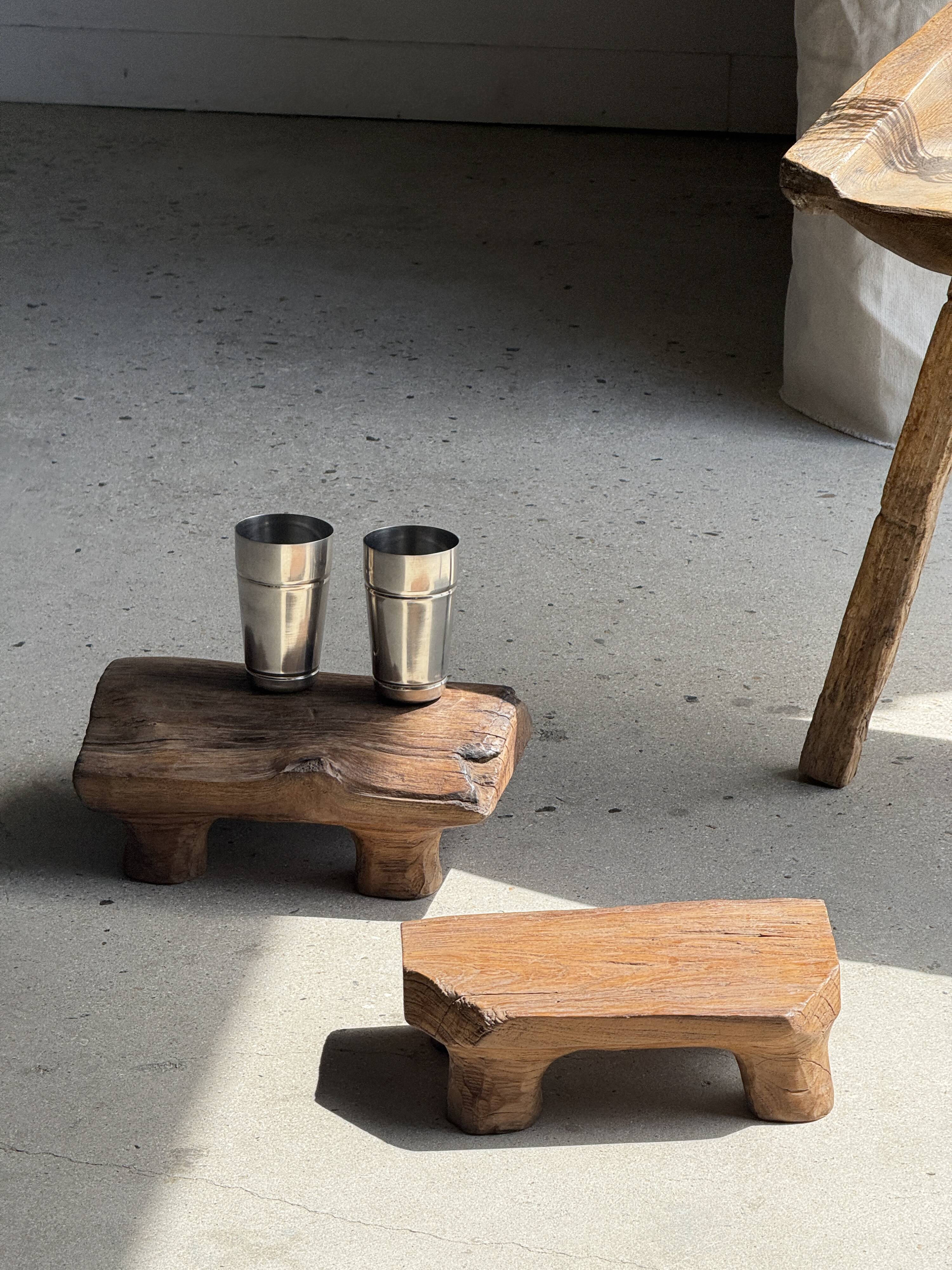 Small stool, footrest in organic blond teak monoxyle wabi-sabi L31
